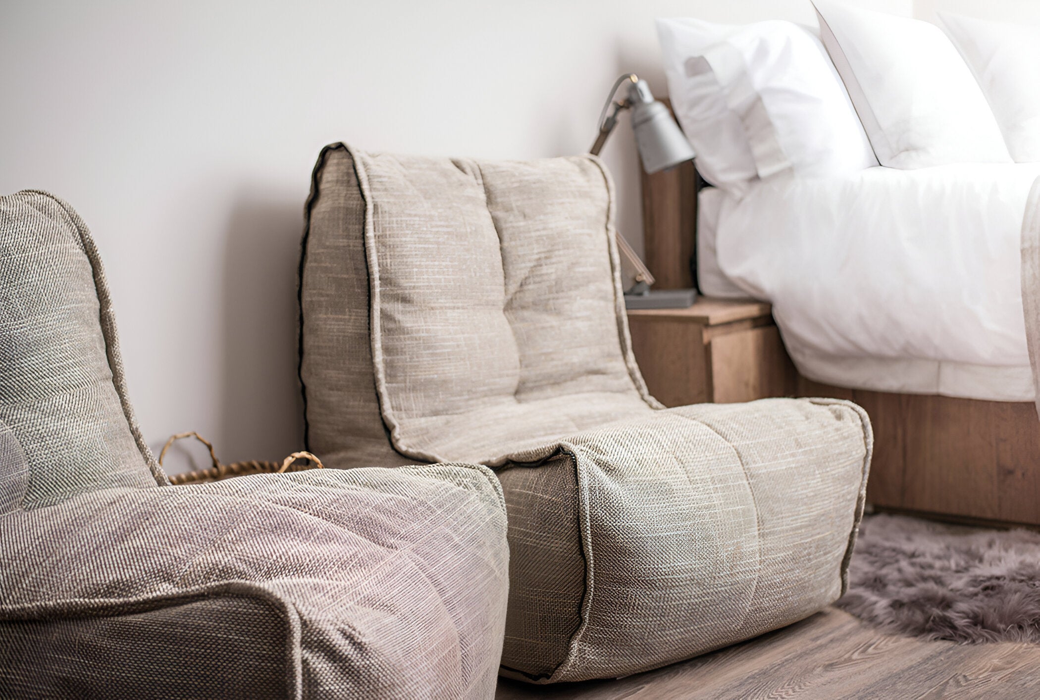 Twin Couch in Eco Weave unzipped as 2 chairs in bedroom