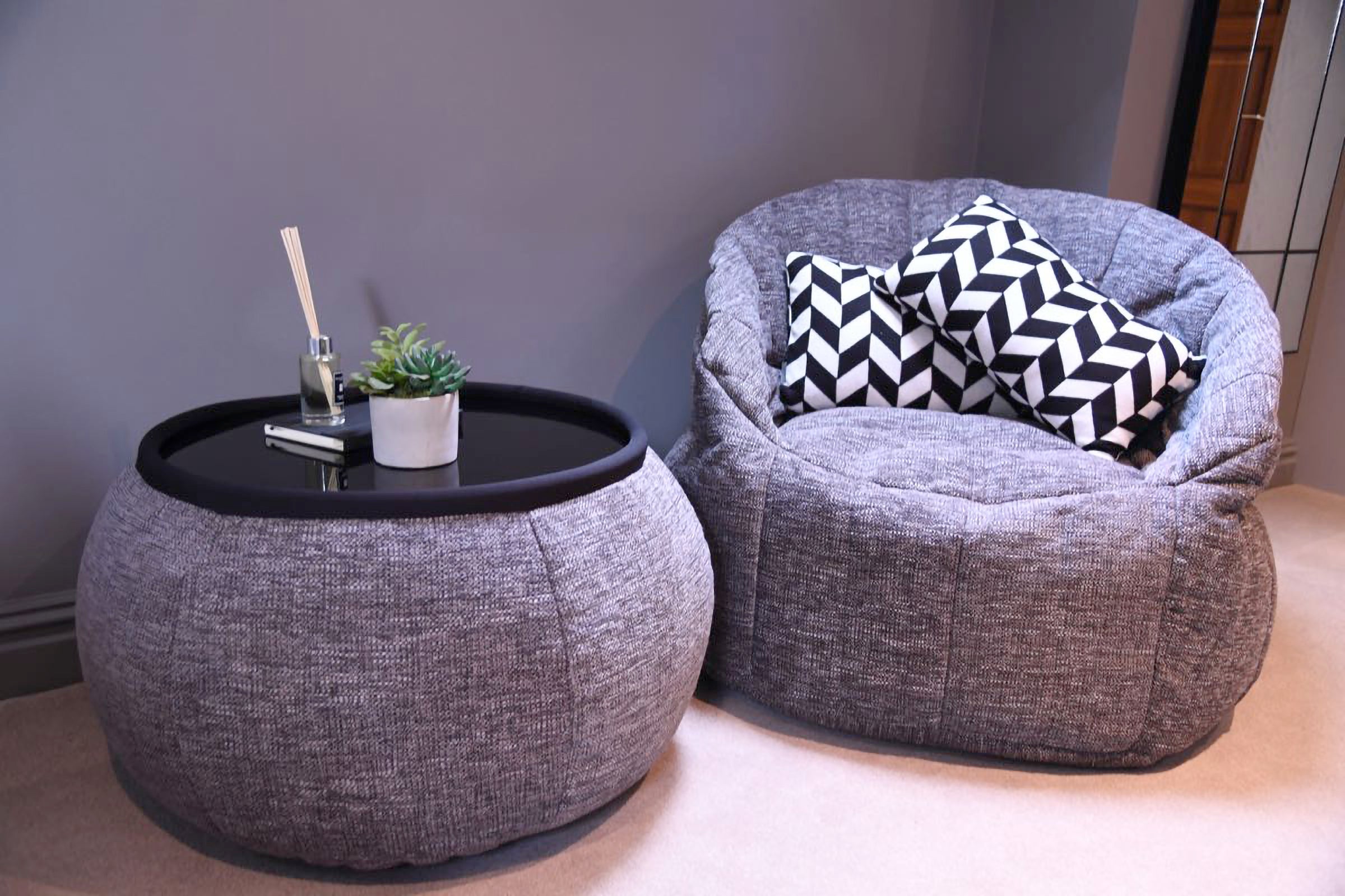 Butterfly Sofa and Versa Table bean bags in Luscious Grey