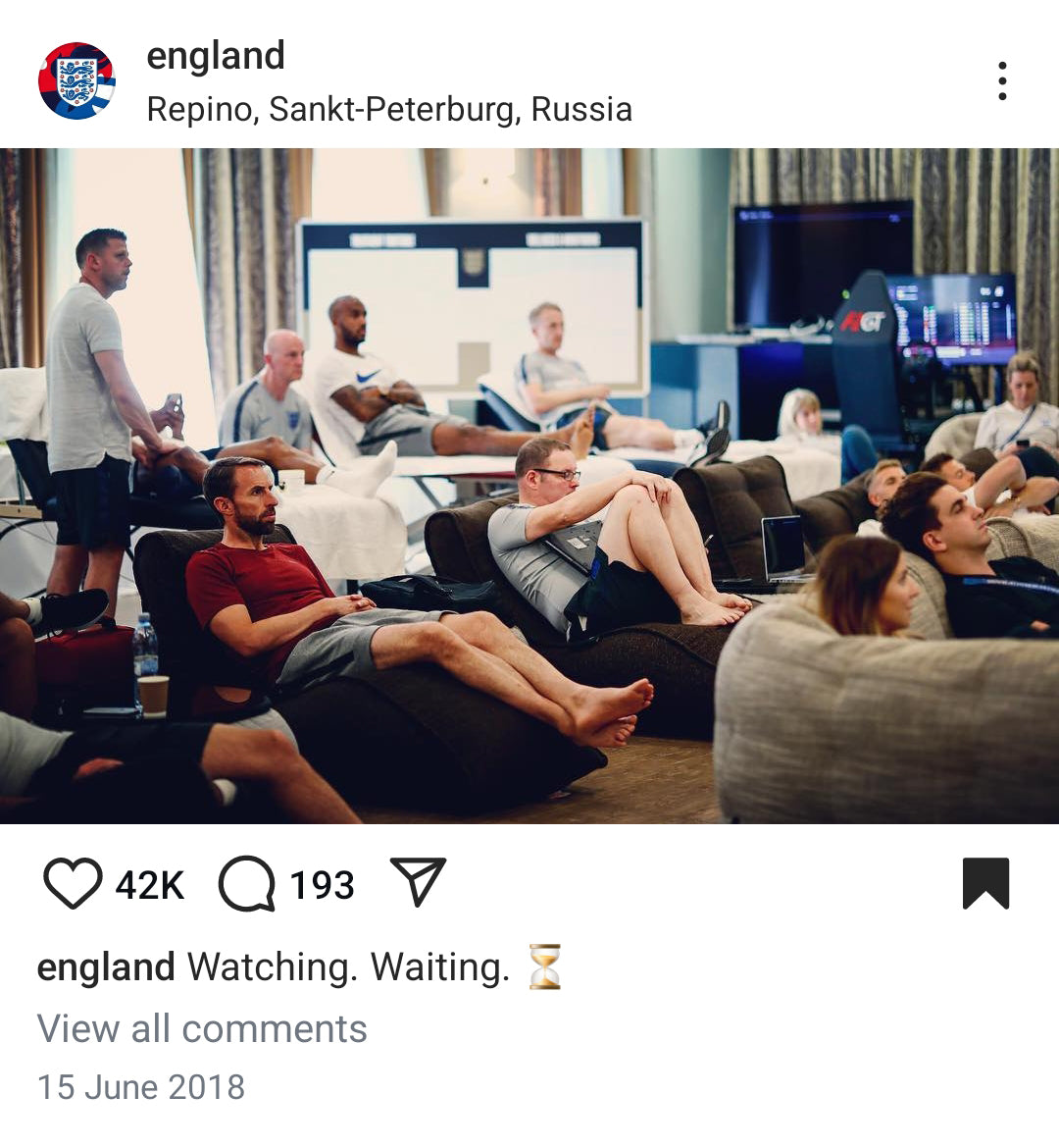 England's national football team relaxing on Ambient Lounge bean bag sofas.