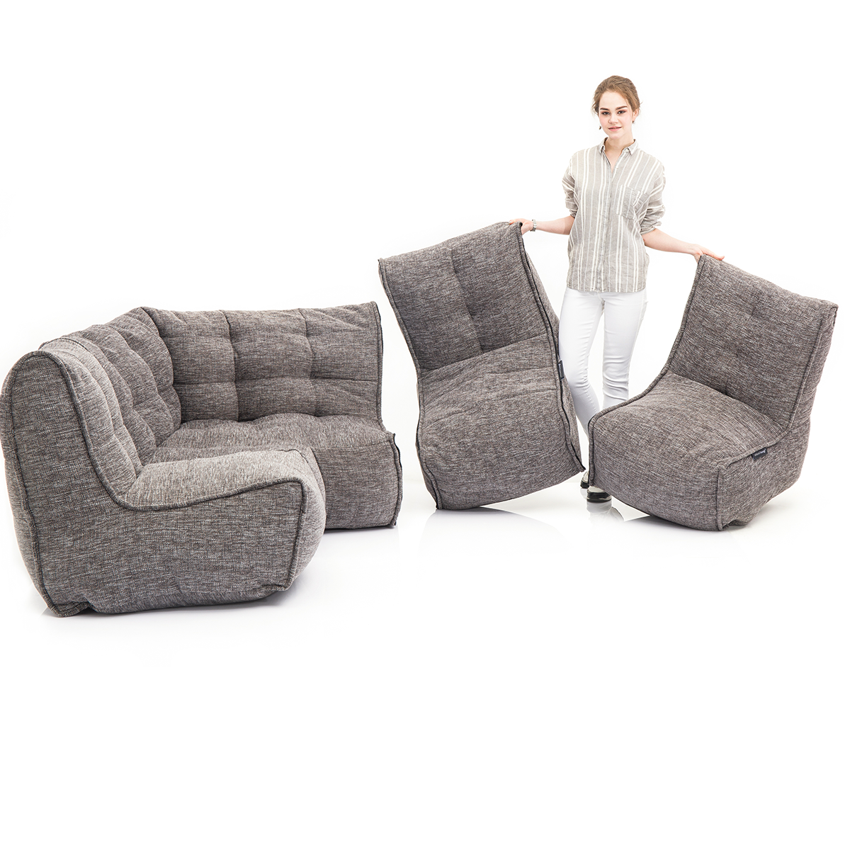 MODULAR bean bag sofas are lightweight and mobile (MOD 4 L Sofa configuration in Luscious Grey)